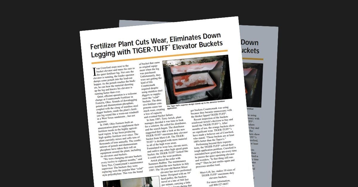 Fertilizer Plant Cuts Wear, Eliminates Down Legging with TIGER-TUFF Elevator Buckets