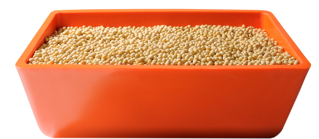 tiger tuff plastic elevator bucket by maxilift, with soybeans